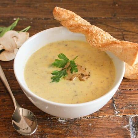 Creamy Mushroom Soup and Parmesan Bread Twists, an easy delicious homemade creamy mushroom soup recipe, perfect with these no-yeast Twists./anitalianinmykitchen.com