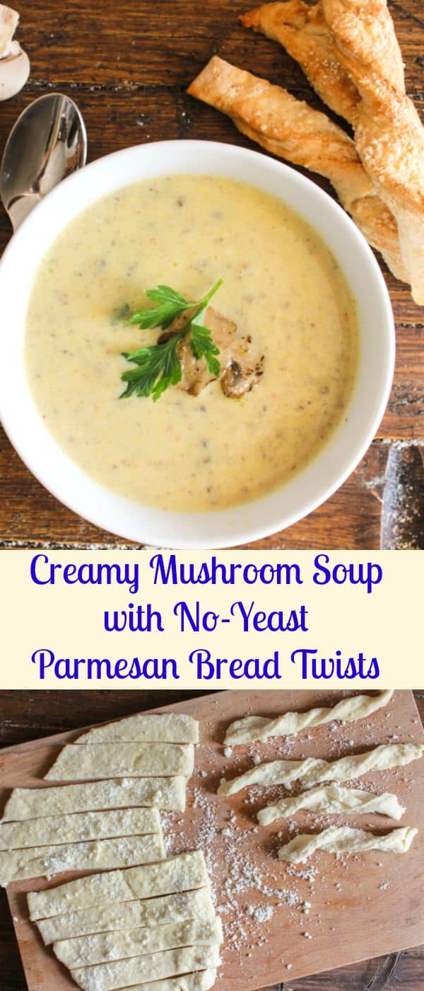 Creamy Mushroom Soup and Parmesan Bread Twists, an easy delicious homemade creamy mushroom soup recipe, perfect with these no-yeast Twists/anitalianinmykitchen.com