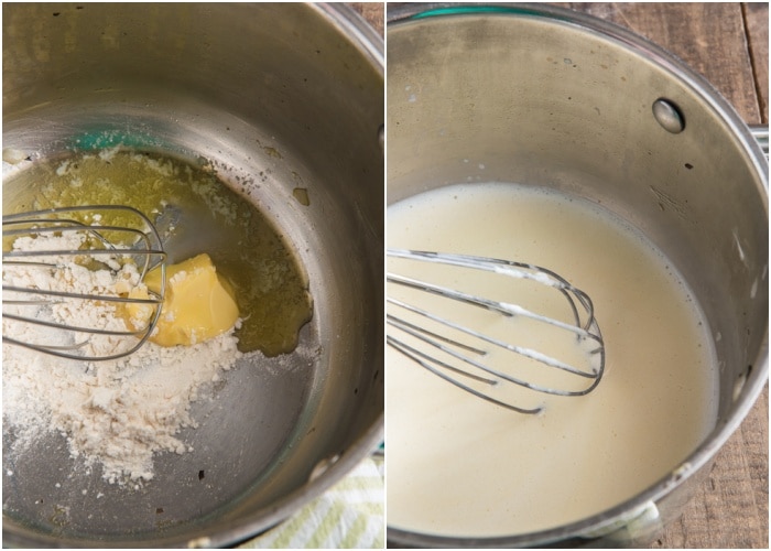 Mixing the butter and flour  and milk in the pot.