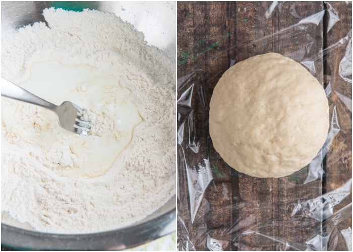 Mixing the dough and shaped into a ball on a wooden board.