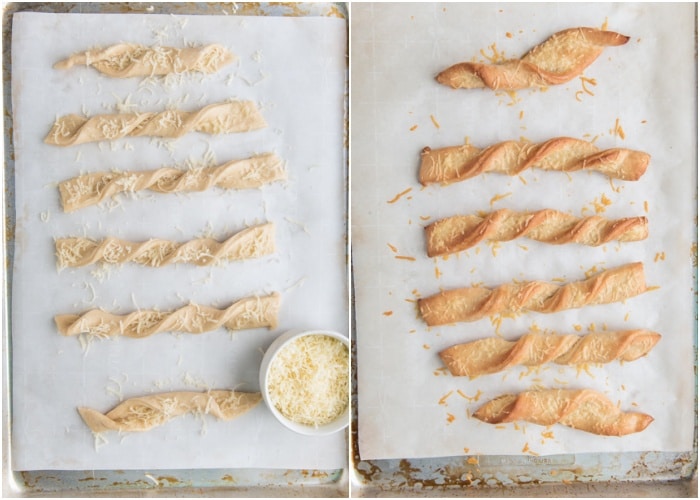 The parmesan twists before and after baked on a baking sheet.