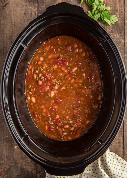 Chili cooked in the slow cooker.