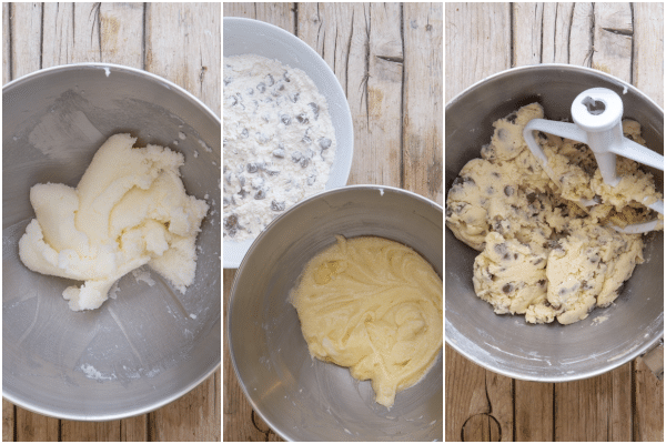 how to make chocolate chip cookies creaming the butter, adding the egg and vanilla, mixing it all together