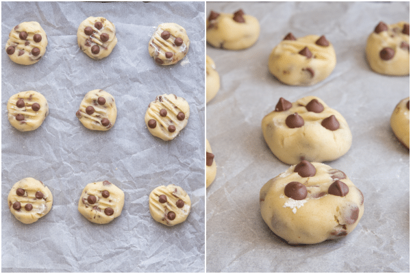 how to make chocolate chip cookies flattening the cookies adding a few more chips and ready for baking