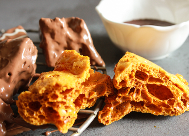 Chocolate Covered Sponge Toffee, or honeycomb, this is a fast, easy delicious crumbly, melt in your mouth chocolate candy. A yummy treat.