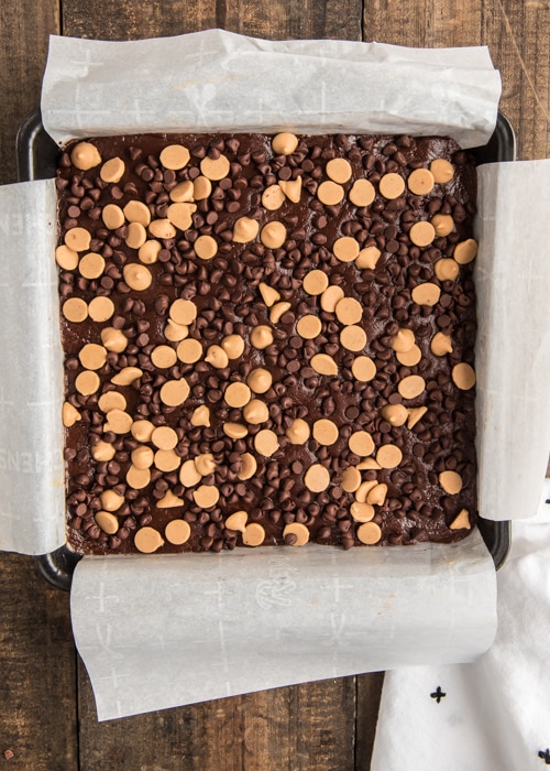 Chocolate chips on top of the fudge.