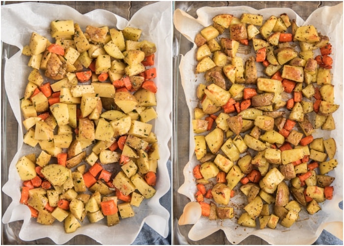 The vegetables in a the pan before and after baked.