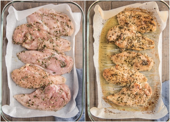 The chicken on the pan before and after baking.