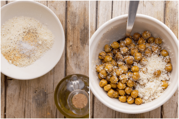 roasted chickpeas how to make the parmesan mix in a white bowl and tossed with the chickpeas