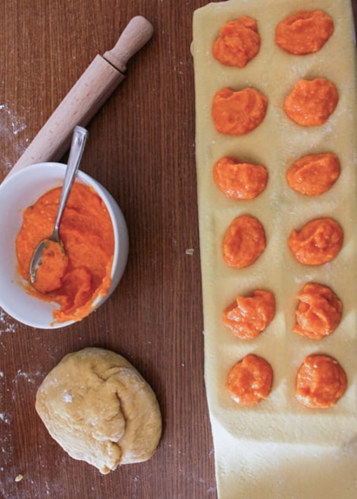 The filling in the ravioli mold.