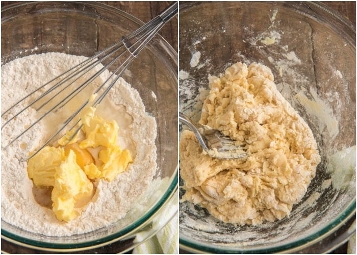 Mixing the dough in a glass bowl.