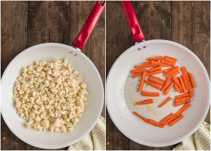 Cooking the cauliflower and carrots in a pan.