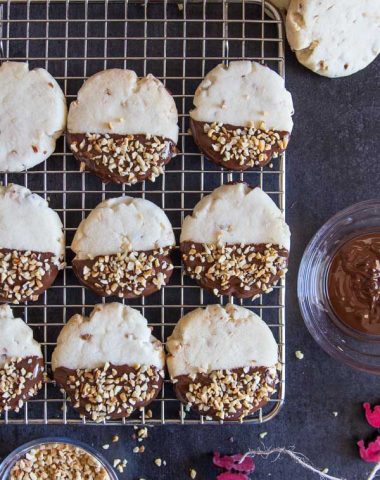 Chocolate Hazelnut Shortbread Cookies, a simple, easy melt in your mouth Christmas shortbread cookie, perfect plain or dipped in chocolate.