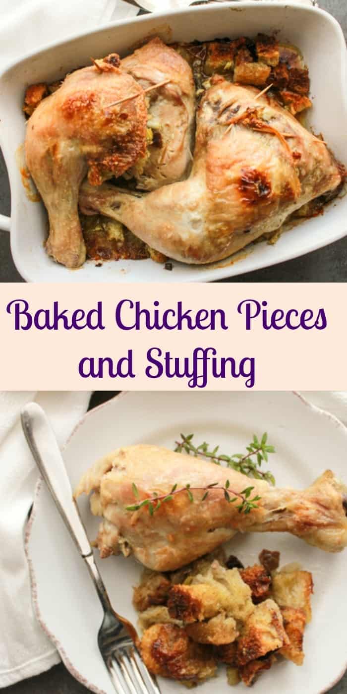 Baked Chicken Pieces and Stuffing, a delicious alternative to stuffed turkey, half the time and just as delicious. A family comfort food dinner recipe.|anitalianinmykitchen.com