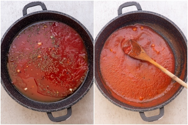 The tomato sauce before & after cooked in a black pan.