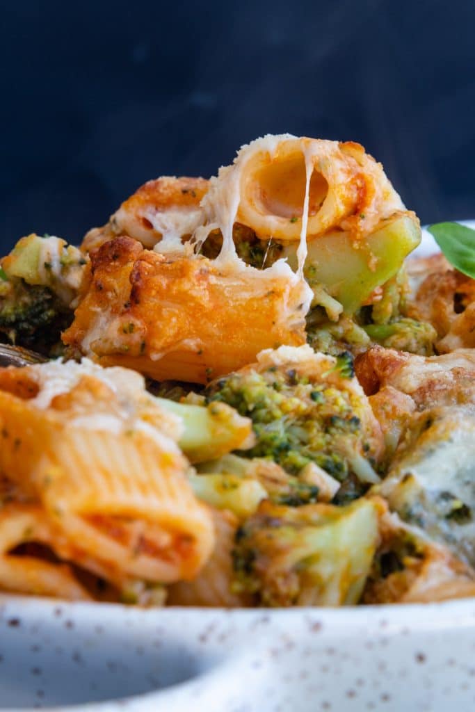 Broccoli pasta bake up close.