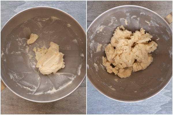 The butter creamed in the mixing bowl and the dry ingredients mixed in.