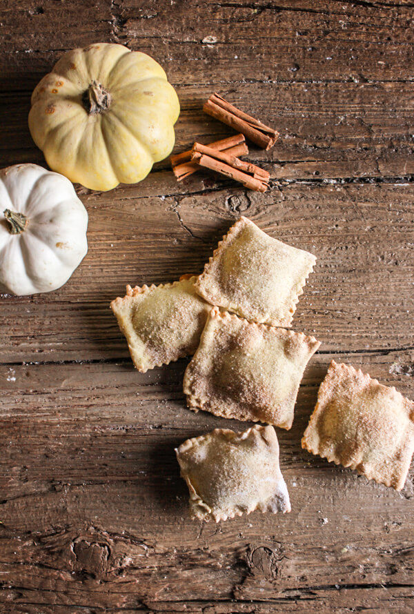 Pumpkin Pie Stuffed Sweet Ravioli, these homemade baked or fried pumpkin pie filled ravioli are a delicious change for a sweet Fall dessert