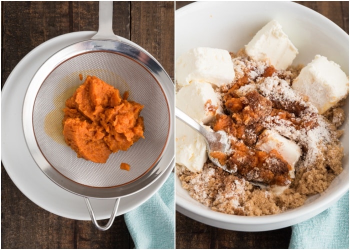 Making the pumpkin filling, draining the squash and adding with the ingredients in the bowl.