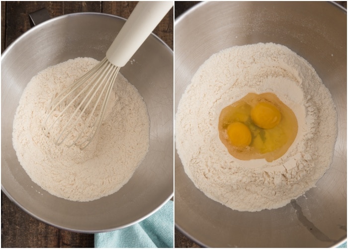 Whisking the flour and adding the eggs.