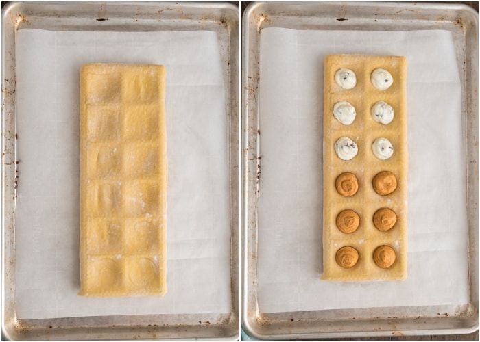 The dough rolled on the ravioli tray and the filling in the ravioli.