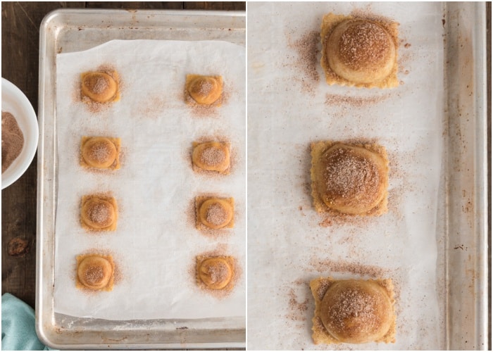 The ravioli before and after baking.