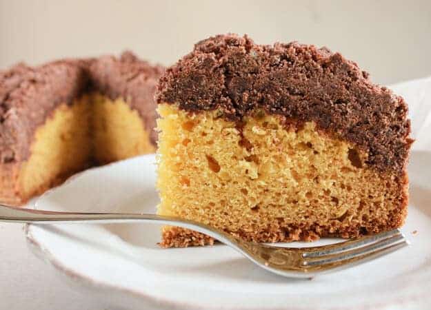 Vanilla Chocolate Crumb Cake, an easy New York style crumb cake recipe, a delicious double layer cake made with greek yogurt.  A must try.