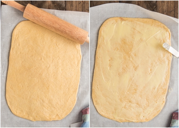 The dough rolled into a rectangle and spread with butter.