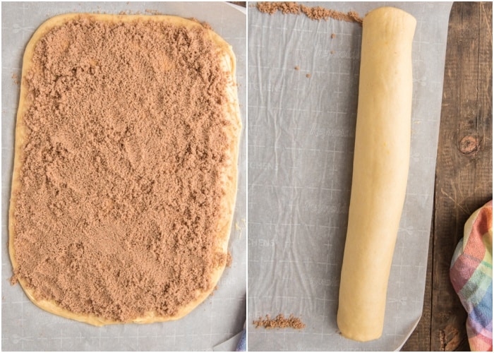 The dough sprinkled with the filling then rolled.