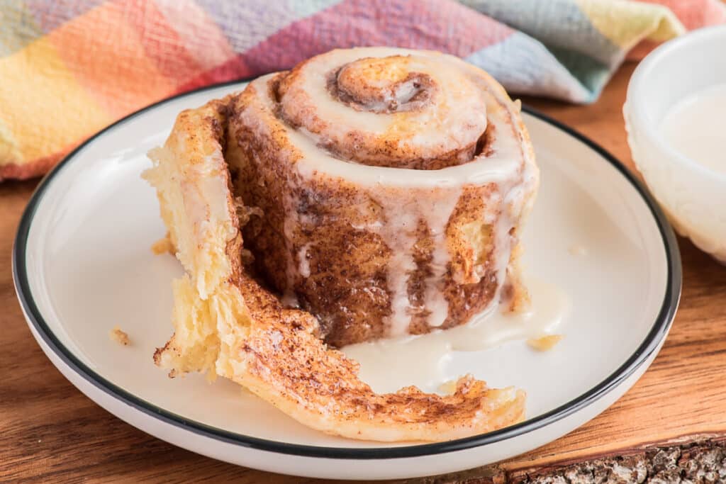 A cinnamon bun on a white plate.