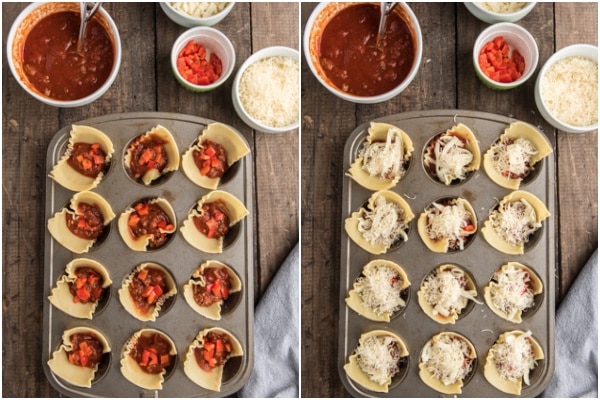 Layering the lasagna cups in the muffin tin.