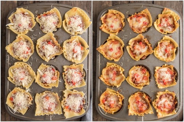 Lasagna cups in the muffin tin before and after baking.