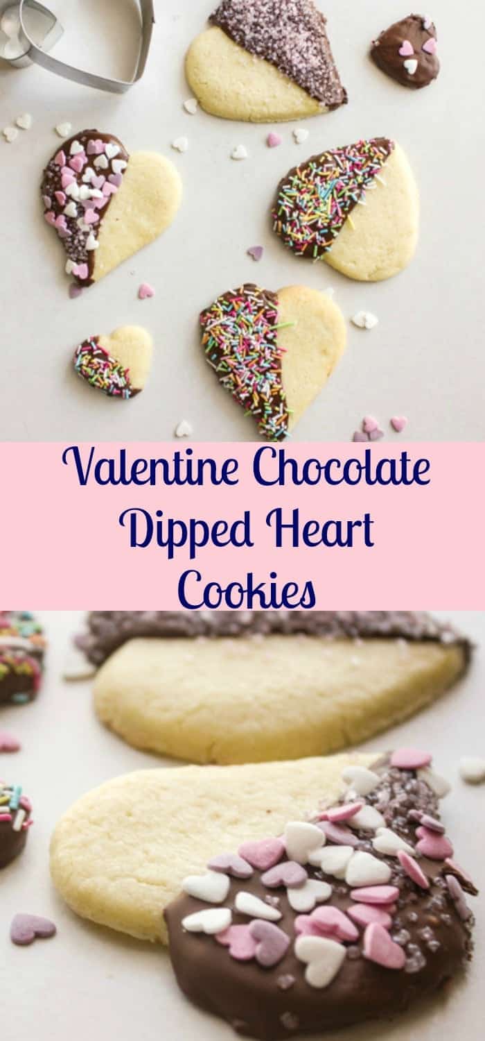 Valentine Chocolate Dipped Heart Cookies,delicious firm butter shape cookies,dipped in chocolate and sprinkles,baking fun with kids perfect for any Holiday.|anitalianinmykitchen.com