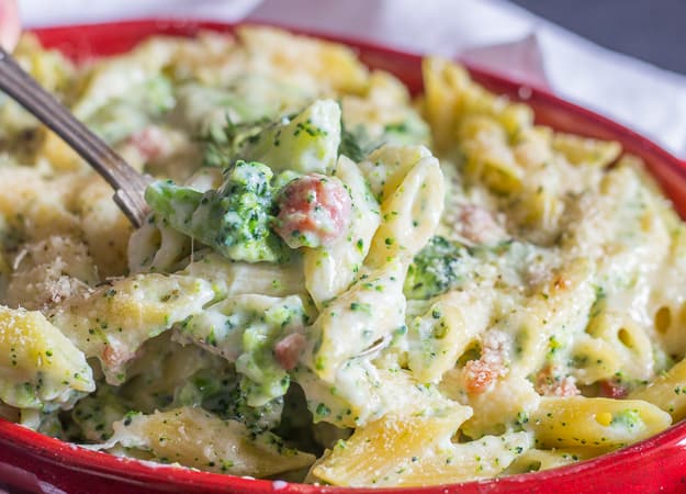 a spoonful of creamy broccoli bacon pasta casserole