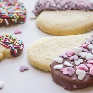 close up chocolate dipped heart cookies
