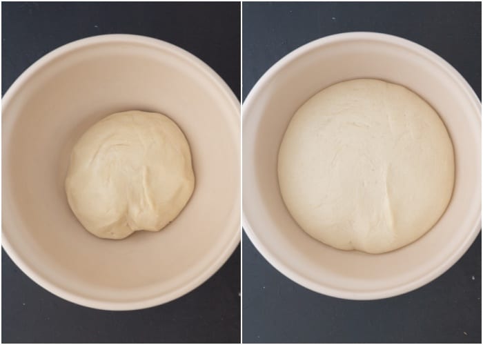 Dough in a white bowl before and after rising.