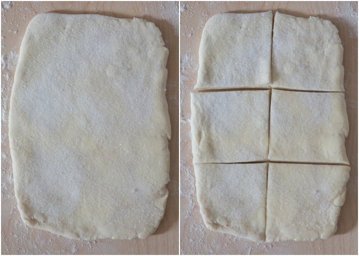 Dough rolled and cut into squares.
