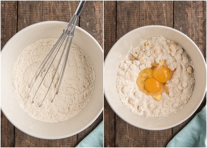The dry ingredients in a white bowl whisked together and the wet ingredients in the middle.