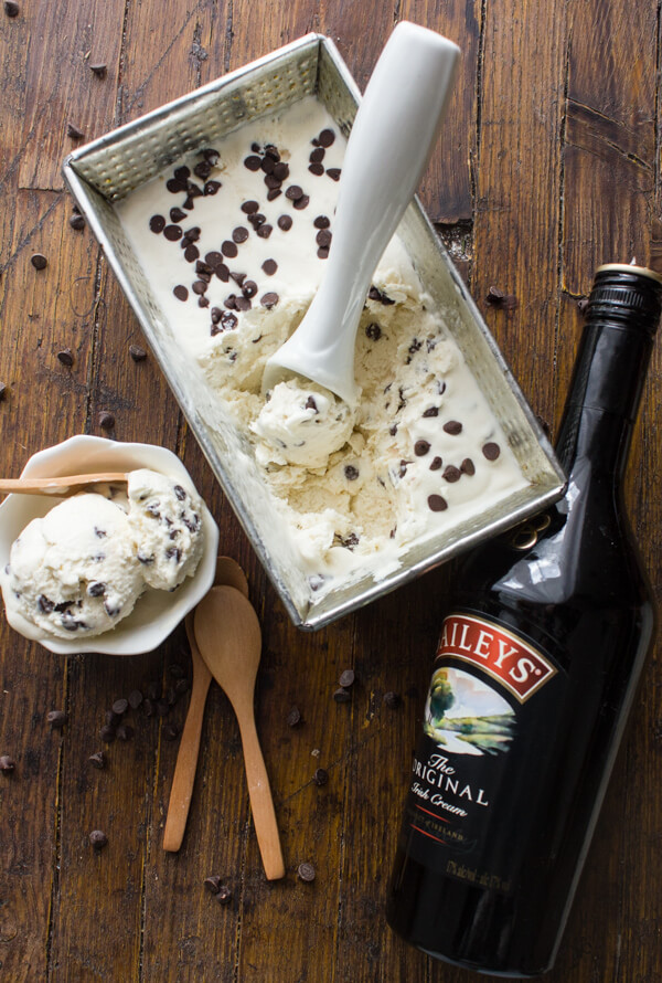 Baileys Chocolate Chip No-Churn Ice Cream, an easy, simple no-churn ice cream recipe.  Only four ingredients, creamy and delicious.