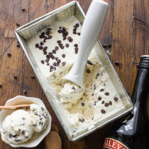 Baileys ice cream in a loaf with a scoop & 2 scoops in a dish.
