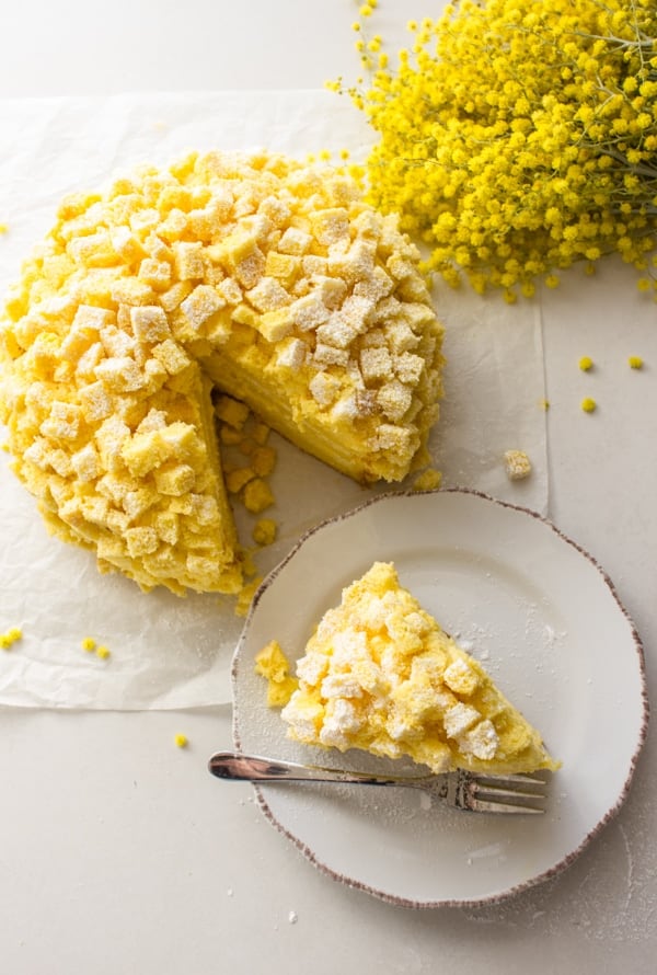 Italian Mimosa Cake, a delicious sponge cake recipe with layers of Italian cream, a classic Italian cake, a delicate creamy dessert. Enjoy.|anitalianinmykitchen.com