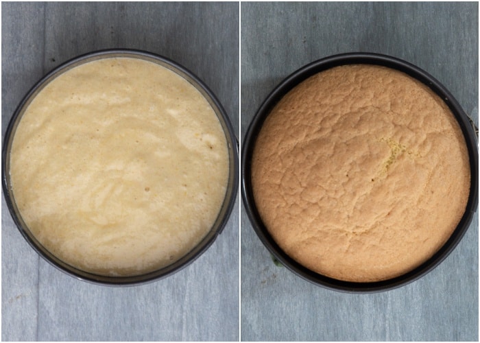 Cake in the pan before and after baked.