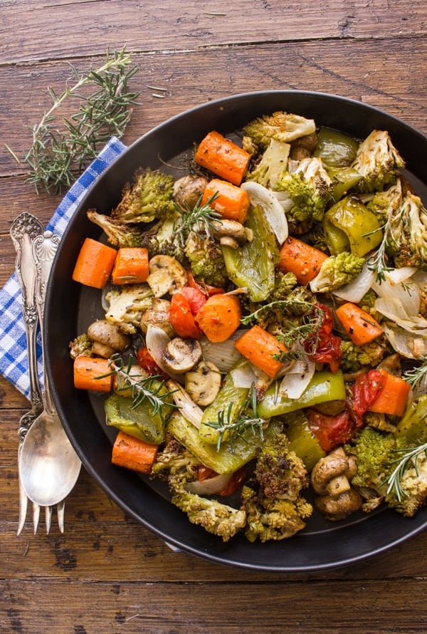 roasted vegetables in a black pan