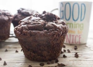 Big Double Chocolate Chip Muffins, moist and easy, a bakery style jumbo muffin recipe, extra chocolatey and so delicious.