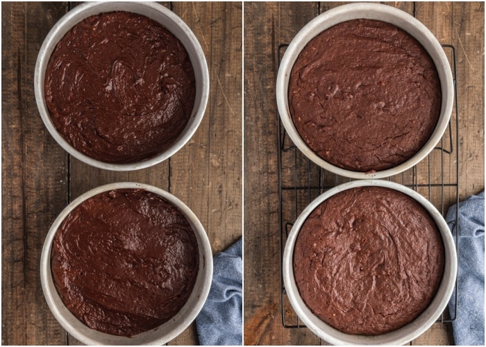 Cake in the pans before and after baking.