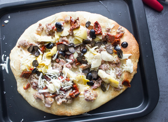 Italian Sausage Artichoke Cheese Pizza, pre-made or homemade dough, fast and easy. A healthy Italian white pizza recipe. 