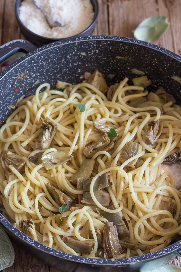 Easy Skillet Artichoke Spaghetti Recipe - An Italian in my Kitchen