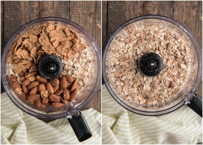 Dry ingredients in a food processor before and after blended.