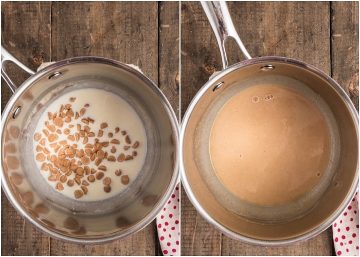 Making the peanut butter mousse in a pot.