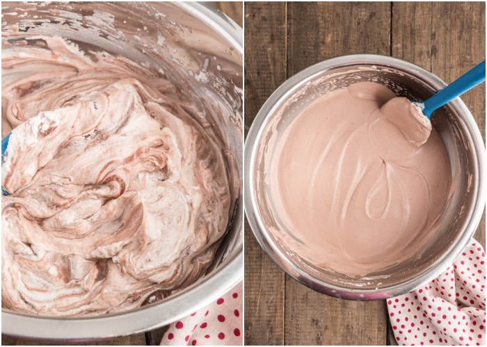 The whipped cream mixed with the chocolate sweetened condensed milk in a bowl.